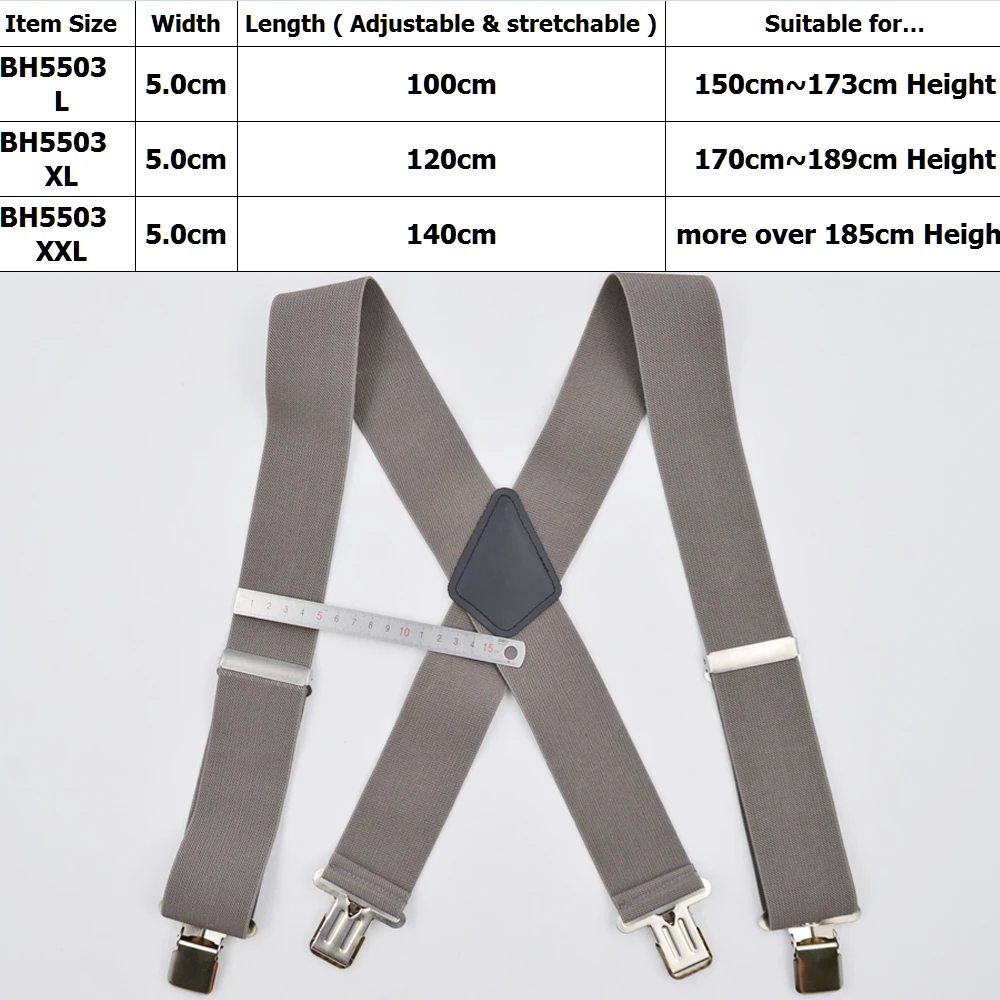 Suspenders for Men 50mm Wide Heavy DutBig Size Work  Strong clips Pants Gray Adjustable Braces X Back Elastic Trouser dark grey