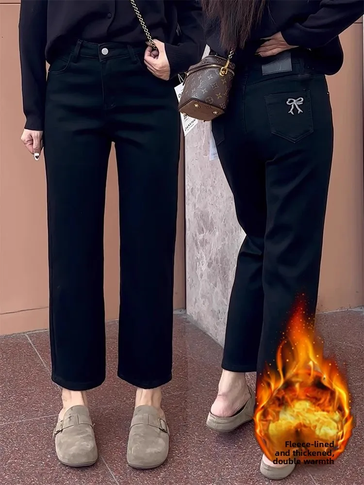 

Джинсы женские с высокой талией, на флисовой подкладке, эластичные, черные, осенне-зимние, больших размеров, утягивающие, прямые, длиной 7/8