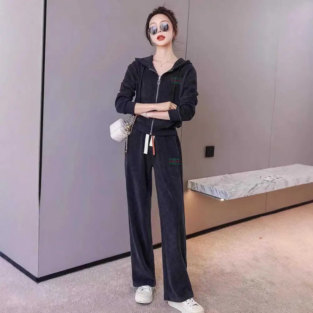 

2 Pcs/Set for Women Hooded Zipper Drawstring Long Jacket Elastic Waist Wide Leg Pockets Trousers Winter Sportwear Tracksuit