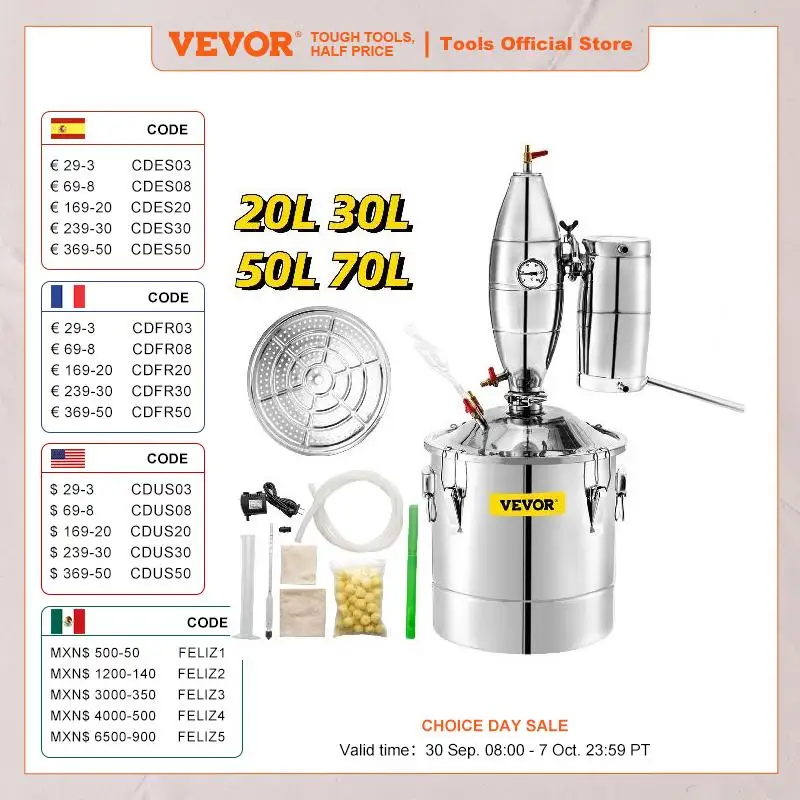 

VEVOR 20/30/50/70л автоматический спиртовой дистиллятор машина пивоваренное оборудование DIY домашний самогон негазированный винный бойлер комплект дозатора пива