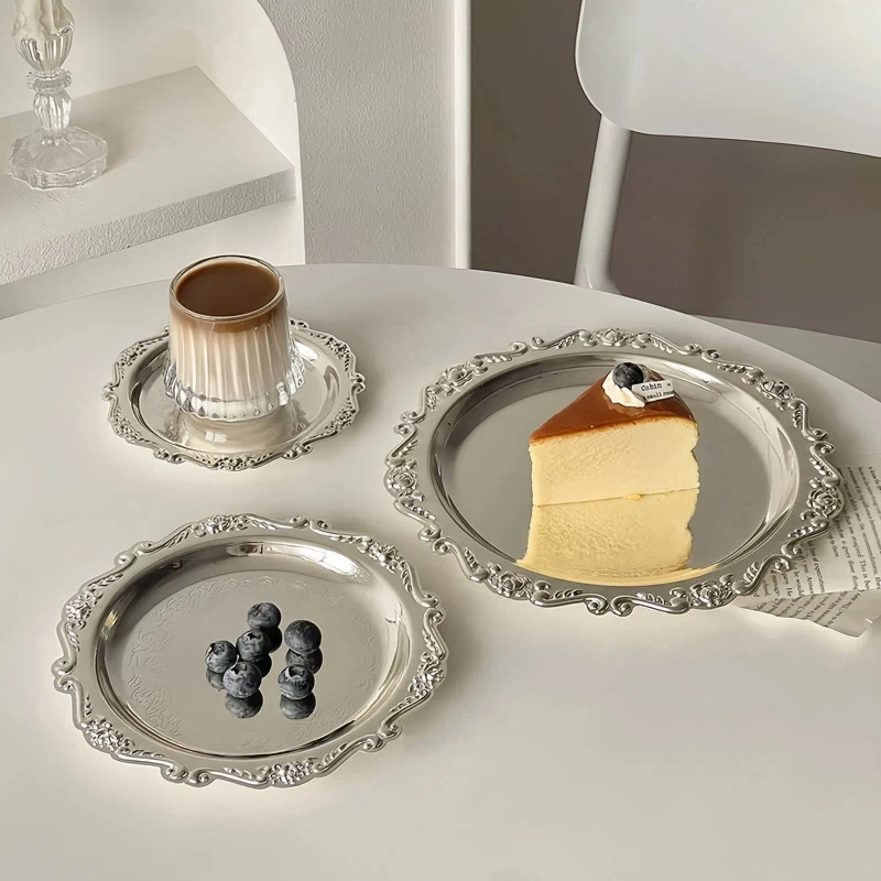 Retro Luxury Silver Plated Plates Cake Dessert Tray High Tea Snack Fruit Dish Jewelry Storage Tabletop Decor Home Hotel Supplies