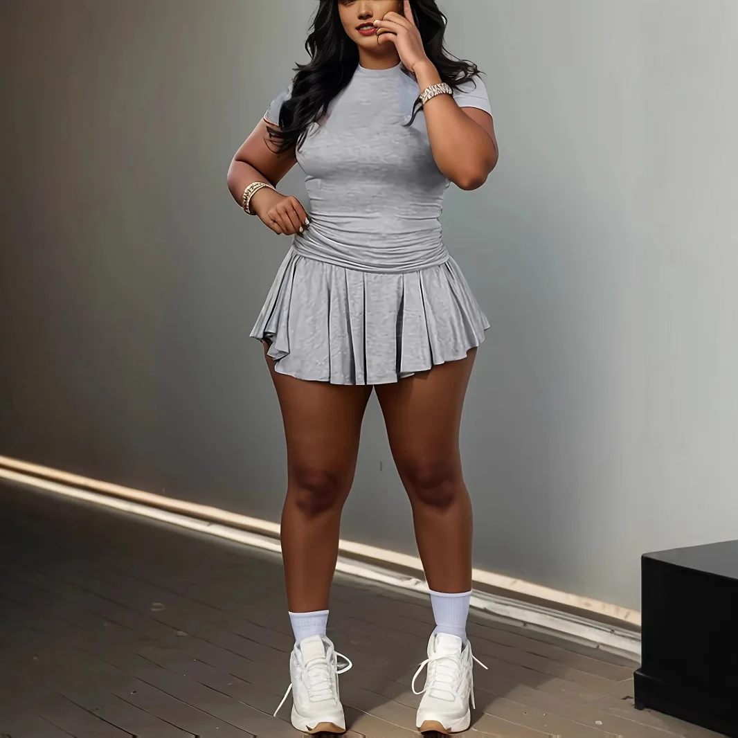 

Women Dress Sets Pullover Solid Shirts O Neck Tops Mini Skirts Above Knee High Waist Spliced Slight Strech Summer Casual