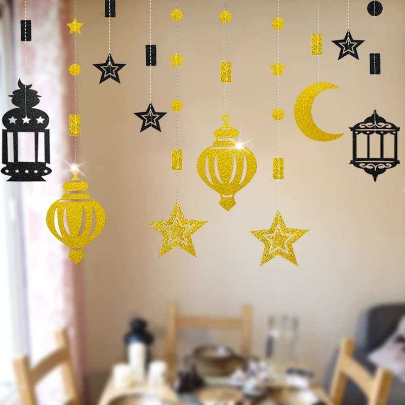 

1set EID Mubarak Hanging Ornaments Ramadan Home Decoration Gold Moon Star Lamp Banner Garland For Islamic Muslim Party Supplies