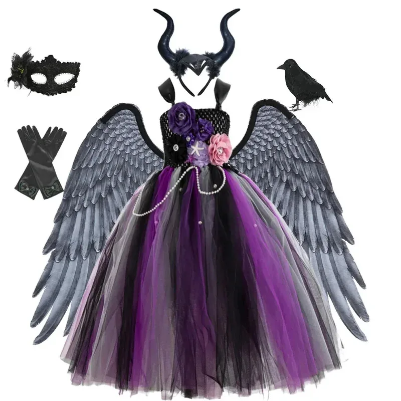

XT8Girls Black Evil Halloween Cosplay Dresses Girls Witch Deluxe Black Glam Tutu Dresses Kids Ball Gown Children's Robe CloXT6@!