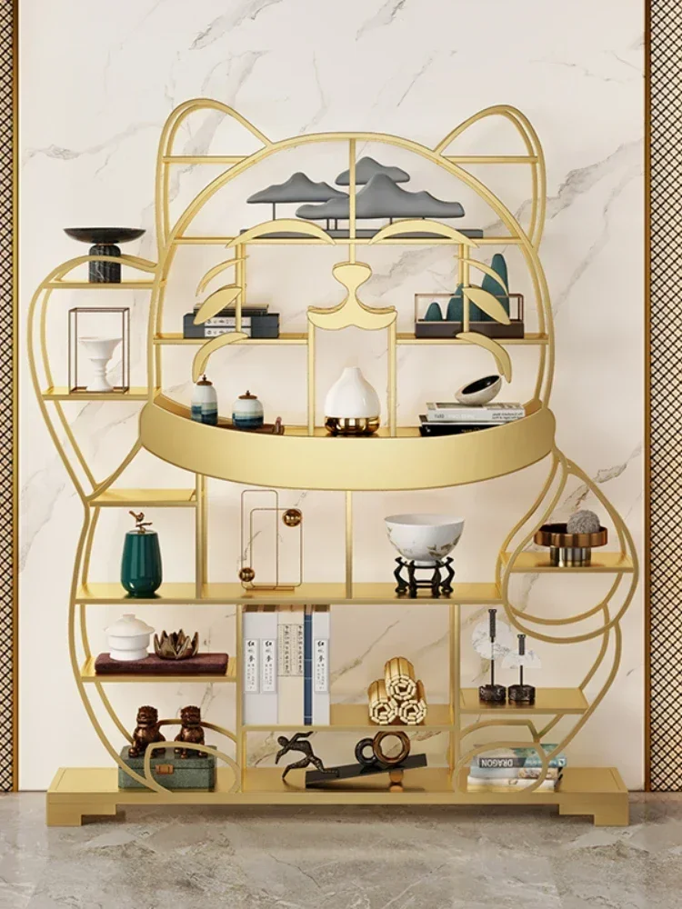 Nordic Gold Iron Living Room Storage Rack Multi-Layer Floor Bulkhead Bracket Bookshelf Light Luxury Lucky Cat Display Stand