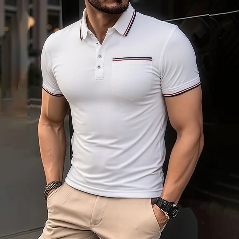 

2025 Men's Summer Short Sleeve Polo Casual Breathable Comfortable Polo Shirt Solid Color With Chest Pocket T-Shirts Dropshipping