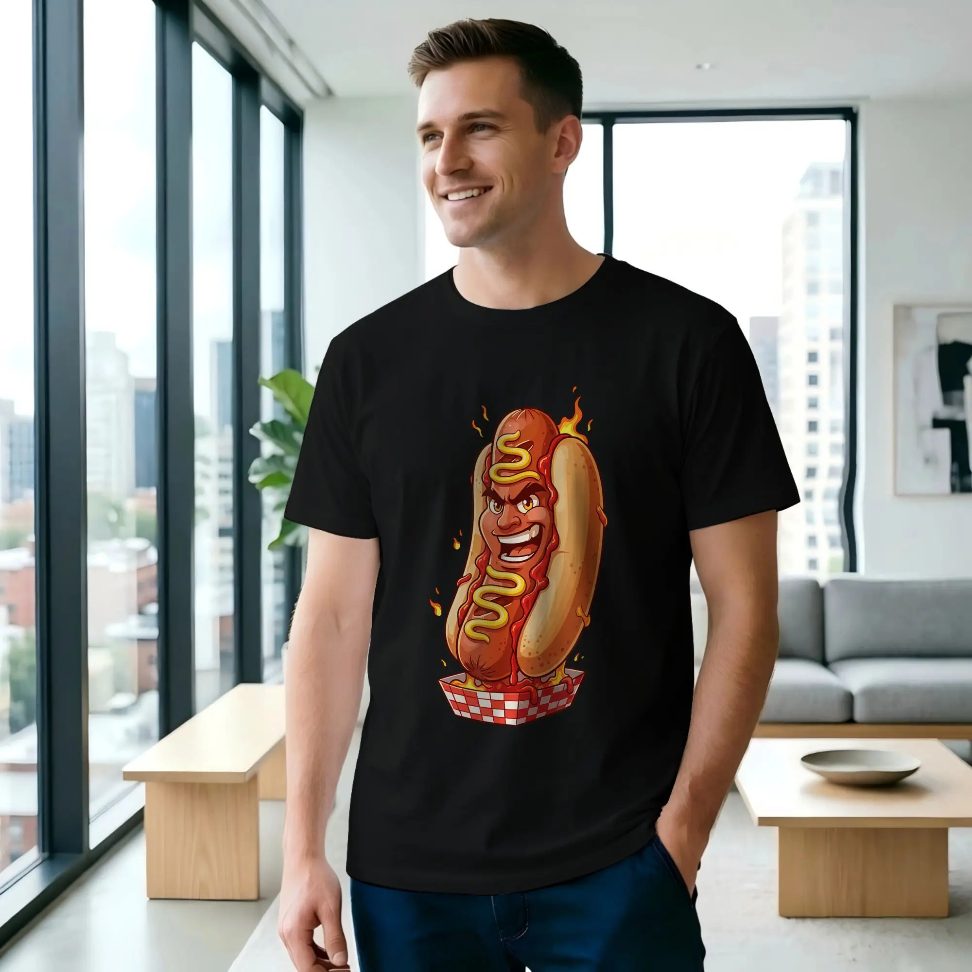 Flaming Hot Dog Character Men T Shirts Hot Dogs Humor Tee Shirt Short Sleeve Crewneck Cotton Summer Clothes T-Shirt
