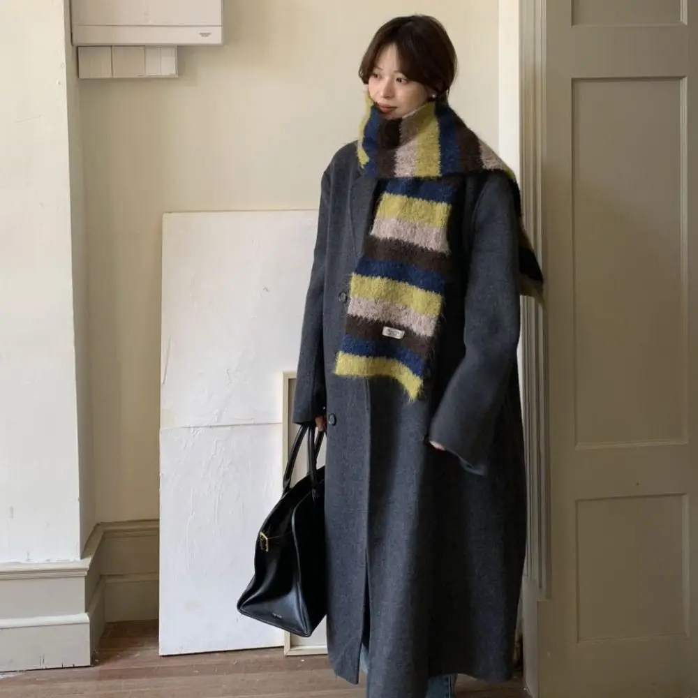 레트로 프레피 스타일 체크 울 스카프 롱 두꺼운 스트라이프 스카프 한국 스타일 겨울 캐시미어 스카프 소녀용