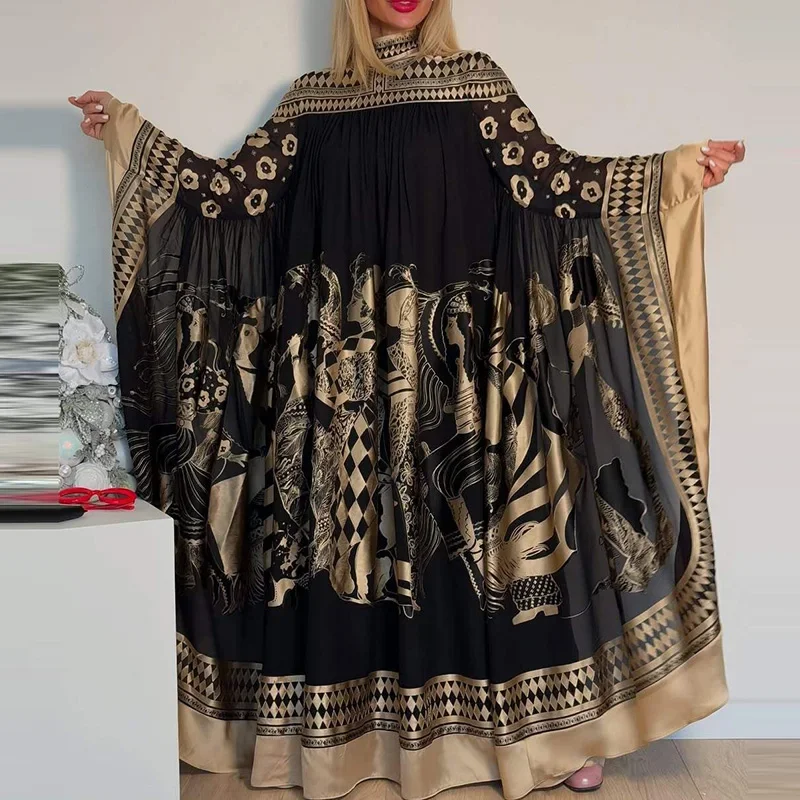 

2025 Spring New Bat Sleeve Robe Maxi Dress Ladies Elegant Turtleneck Loose Party Dress Women Chic Pleated Graphic Banquet Dress