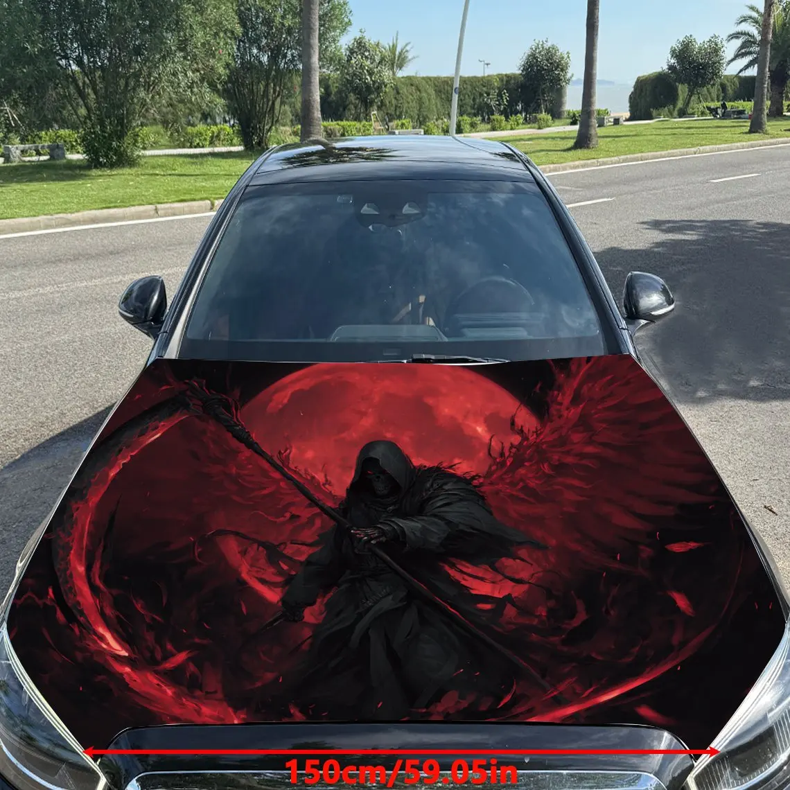 Fantasy Scarlet Winged Reaper Car Vinyl Wrap, PVC Material Waterproof Car Hood Sticker, Self-Adhesive Scratch-Resistant Stickers