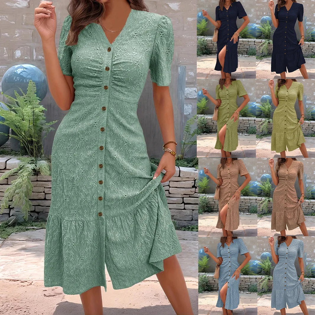 

Spring Summer Peter Pan Collar Short Sleeve Solid Dress Women's Fashion Casual Dresses Vintage Clothing Outfits