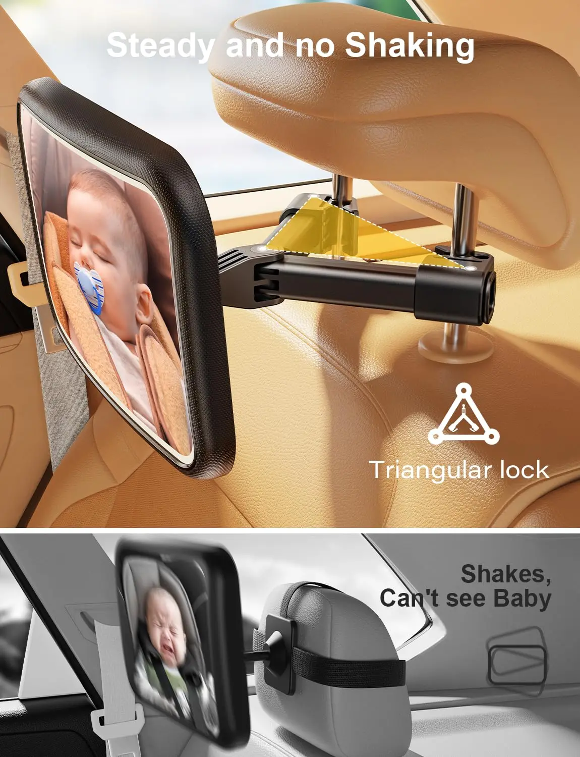 Espejo de coche para bebé con luz, espejo de bebé recargable para bebé de 2000 mAh para asiento de automóvil Diseño de clip de gancho trasero Espejo de asiento de automóvil a prueba de golpes Monitor para niños