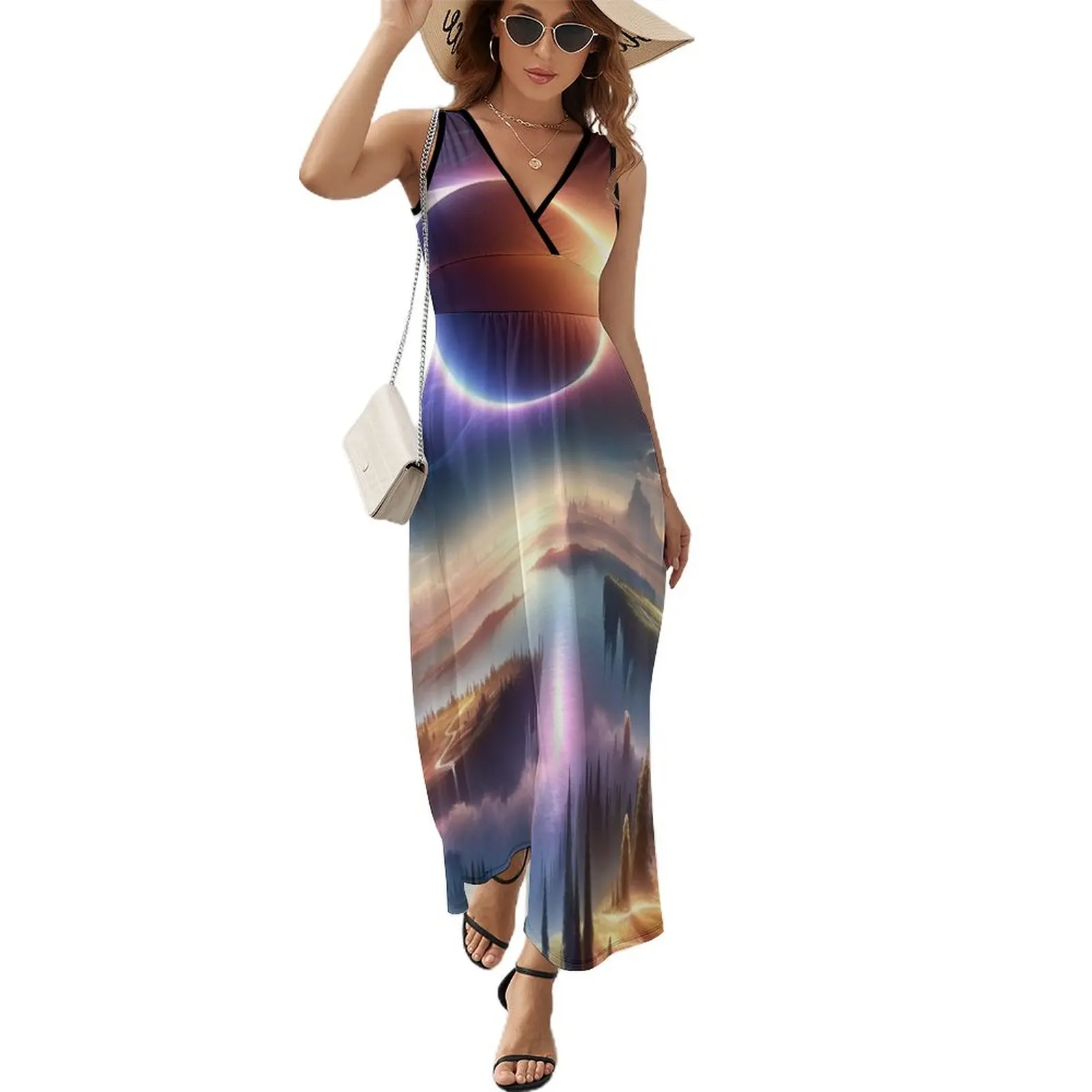 Vestido longo de verão sem mangas Dreamscape feminino, eclipse solar, vestidos de noite luxuosos, 8 de abril de 2024