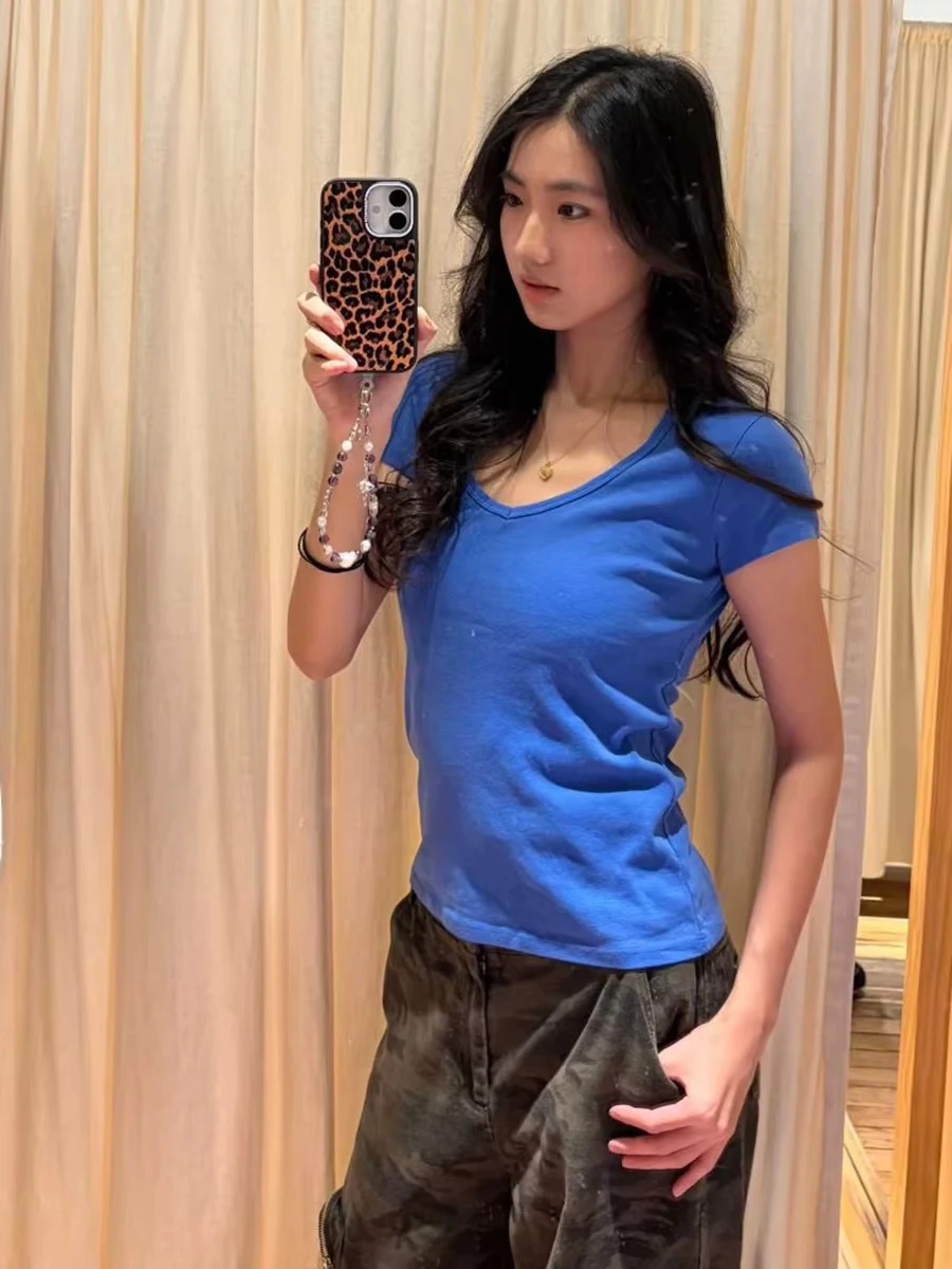 Royal Blue V-neck T-shirts Women New Summer Cotton Casual Streetwear Slim Short Sleeve Tees Vintage Chic Preppy Style Tshirt Y2K