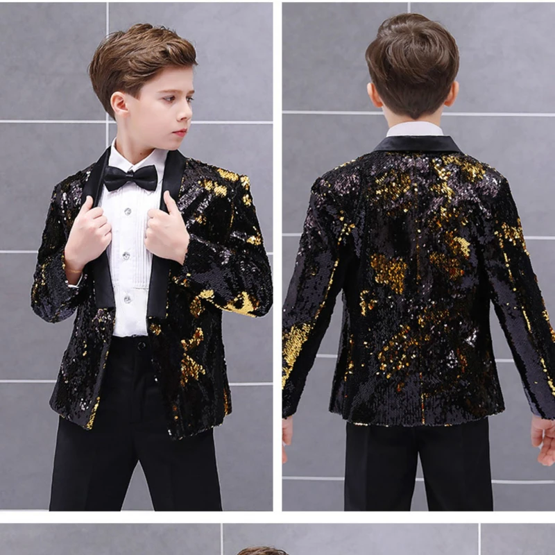 Baby boy set children\'s piano costumes studio model catwalk host fashion sequined suit jacket + pants + shirt + bow tie 4 sets