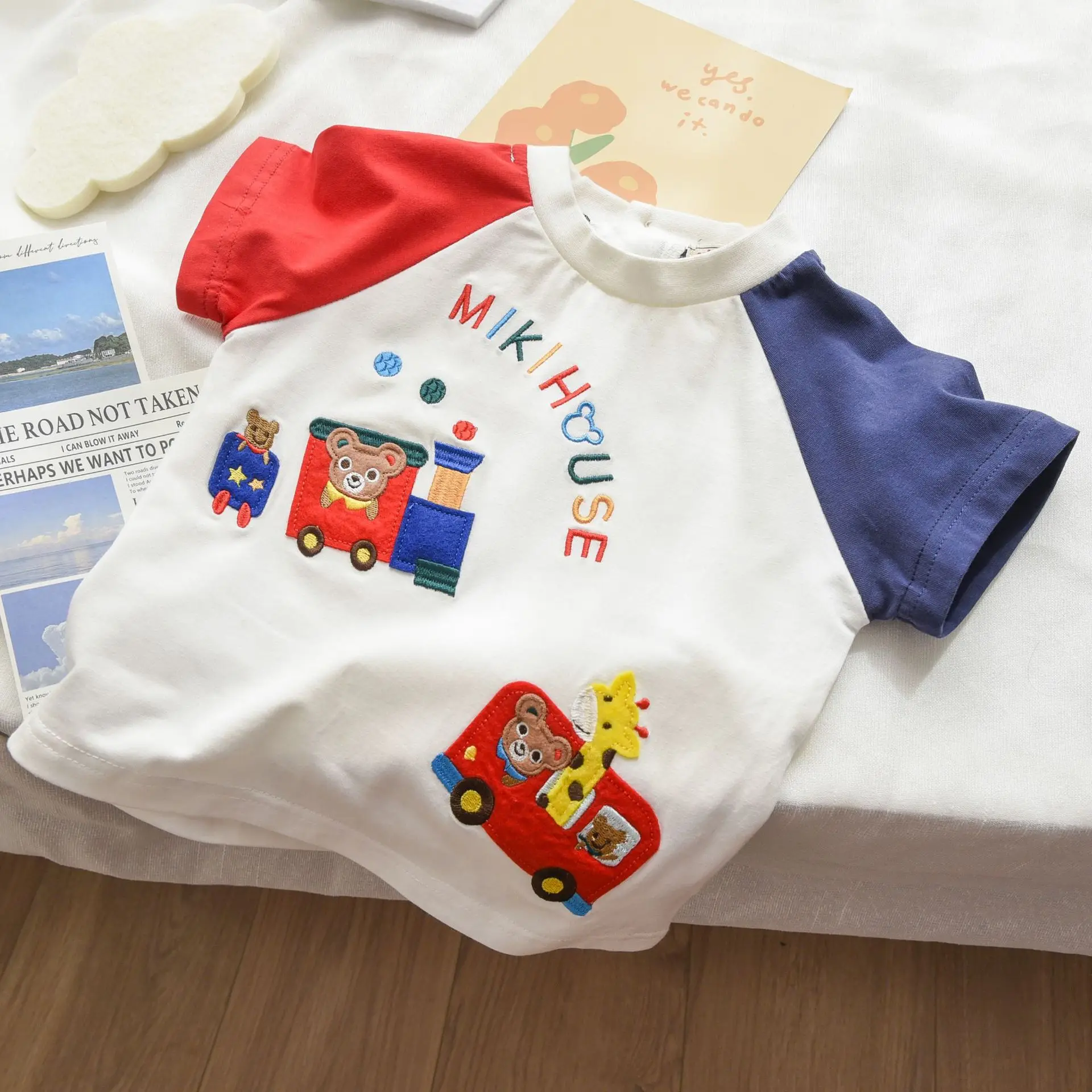 Japanese Children's Clothing Short Sleeved Promotion 2025 Summer Boys And Girls Bear Car Raglan Sleeve Casual T-shirt