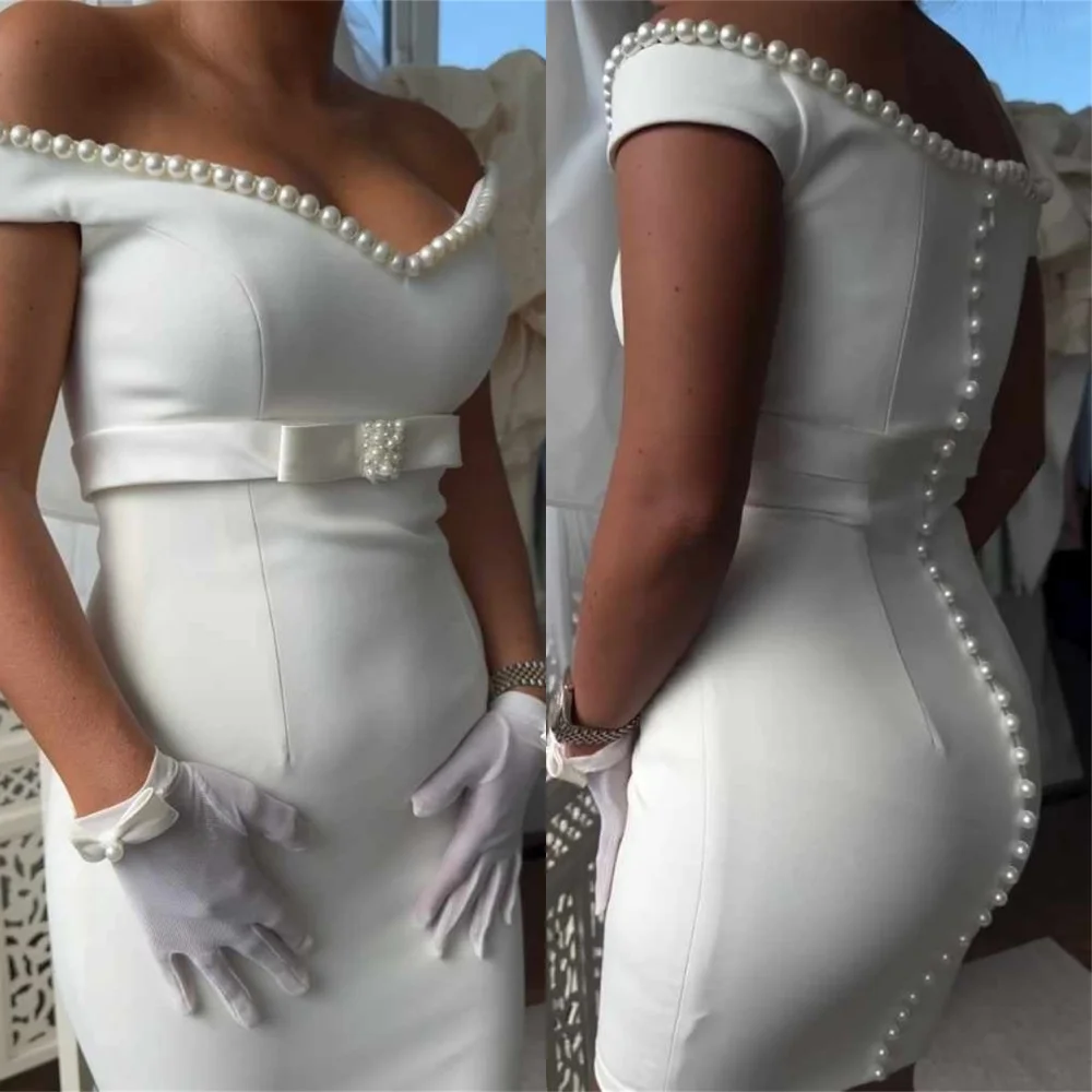 

Customized White Jersey Pearl Sashes Column Strapless Knee Length Dresses Exquisite Luxury Temperament Charming Romantic Dress
