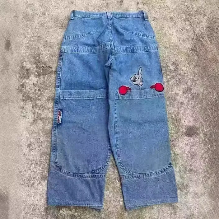 

American style kangaroo embroidered graphic baggy jeans men high street harajuku y2k streetwear hip hop denim wide leg pants