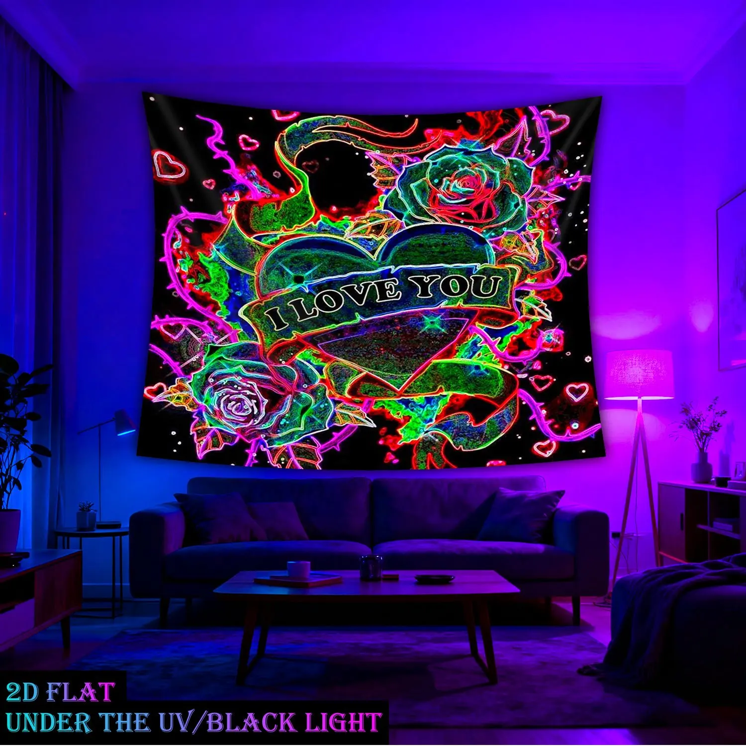 Abstract Neon Blacklight Tapestry Wall Hanging Boho Love Heart Decoration UV Reactive Bedroom Rave Art Home Decor Print