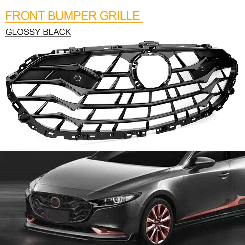 

Car Front Grille Radiator Bumper Grill For 2019 2020 Mazda 3 AXELA Glossy Black ABS with emblem