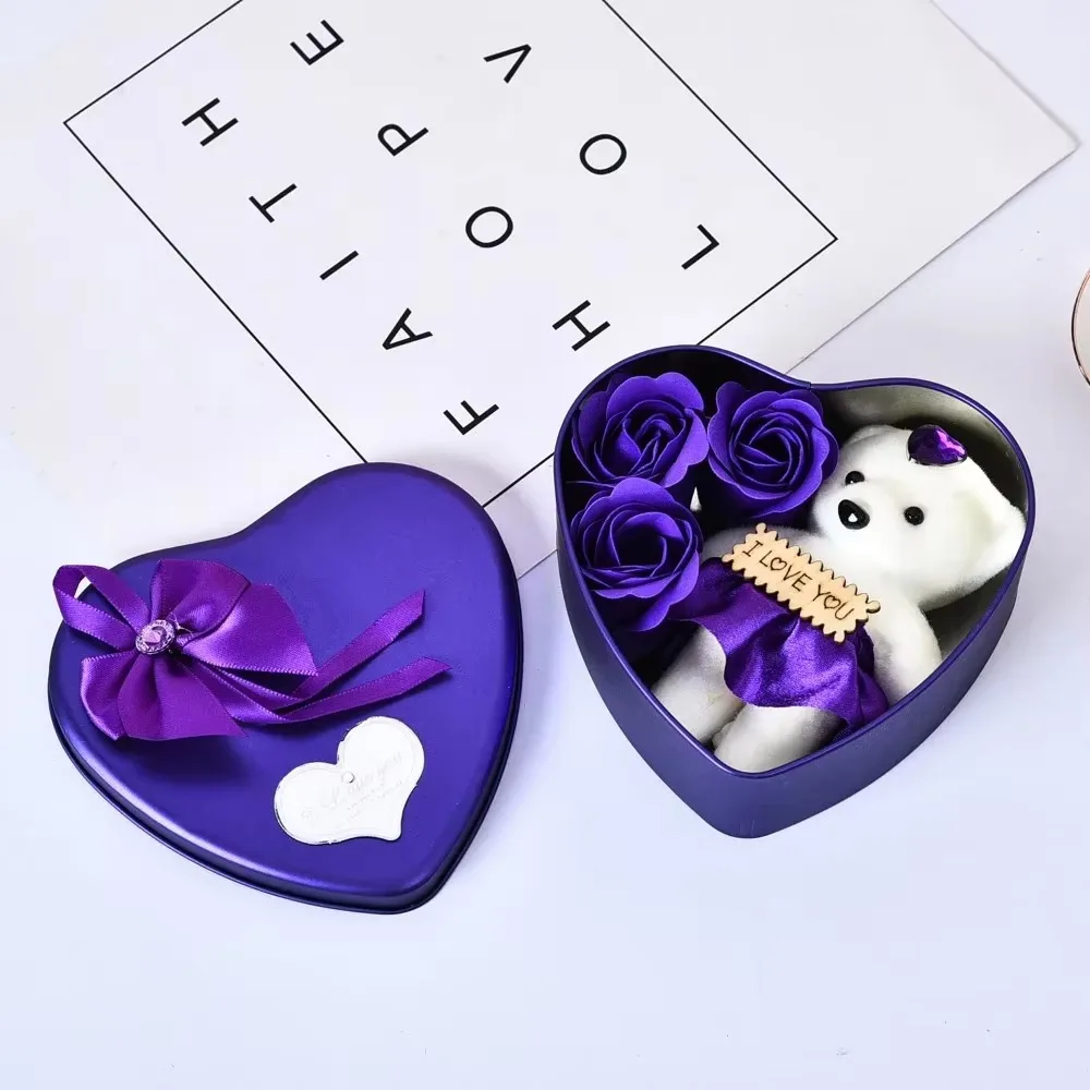 Heart Shaped Iron Box Eternal Flower Valentine\'s Day Gift Soap Flower Simulation Rose Bouquet Gift Box Set A for My Girlfriend