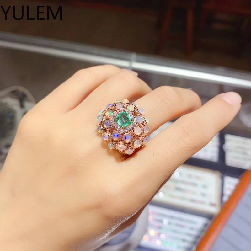 YULEM 100% Natural Emerald Ring for Engagement 5mm*5mm Emerald Silver Ring 925 Sterling Silver Emerald Ring with 3mm Opal Stone image 6