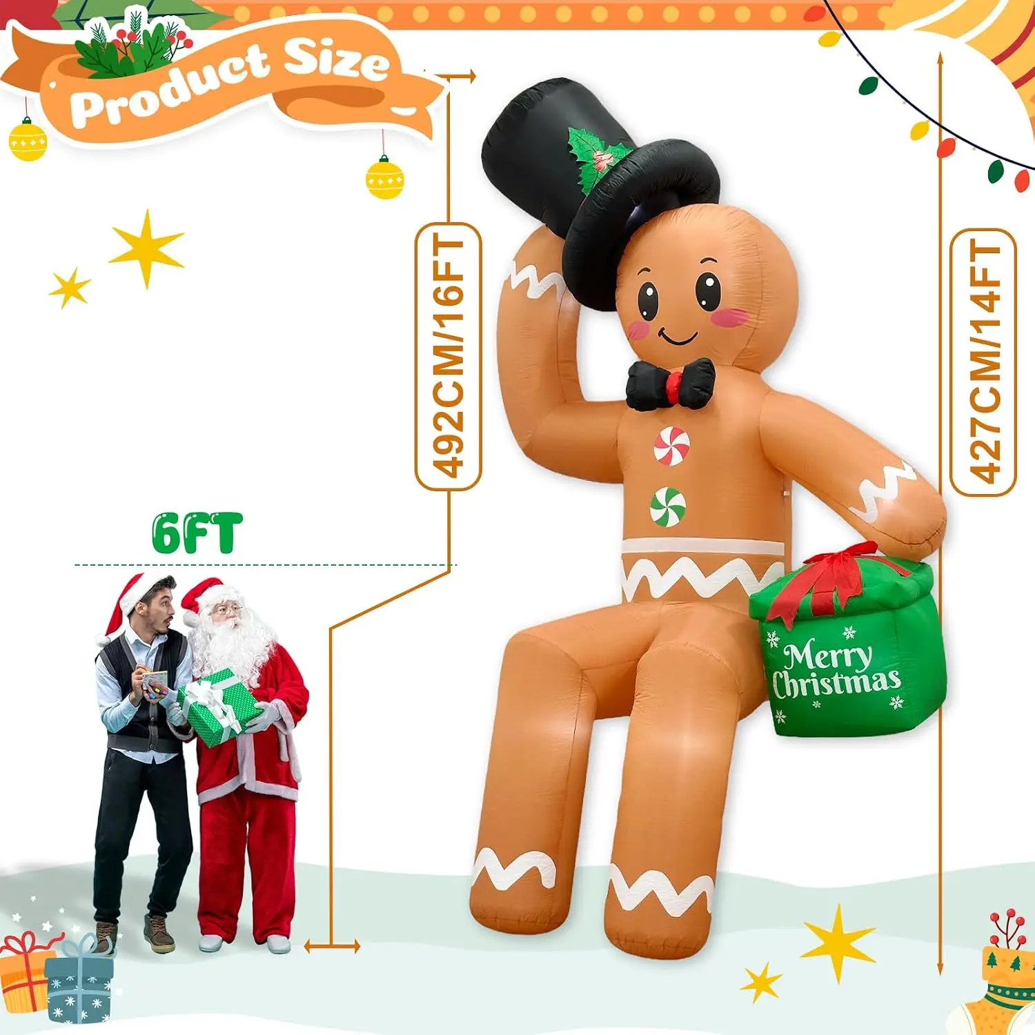 Giant 14-Foot Christmas Inflatable Sitting Gingerbread for Roof Display