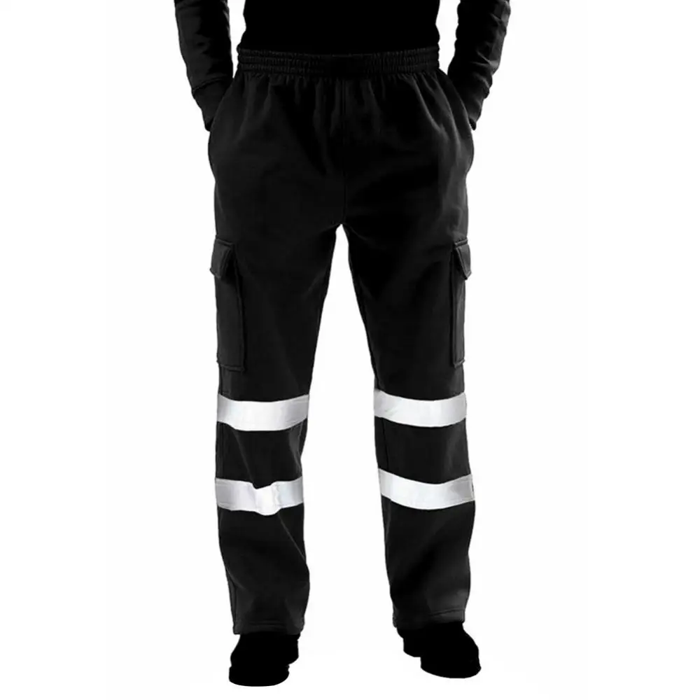 1Pc Casual Men Pants Soft Elastic Waist Men Reflective Strips Trousers Polyester Fleece Jogging Pants for Sanitation Worker