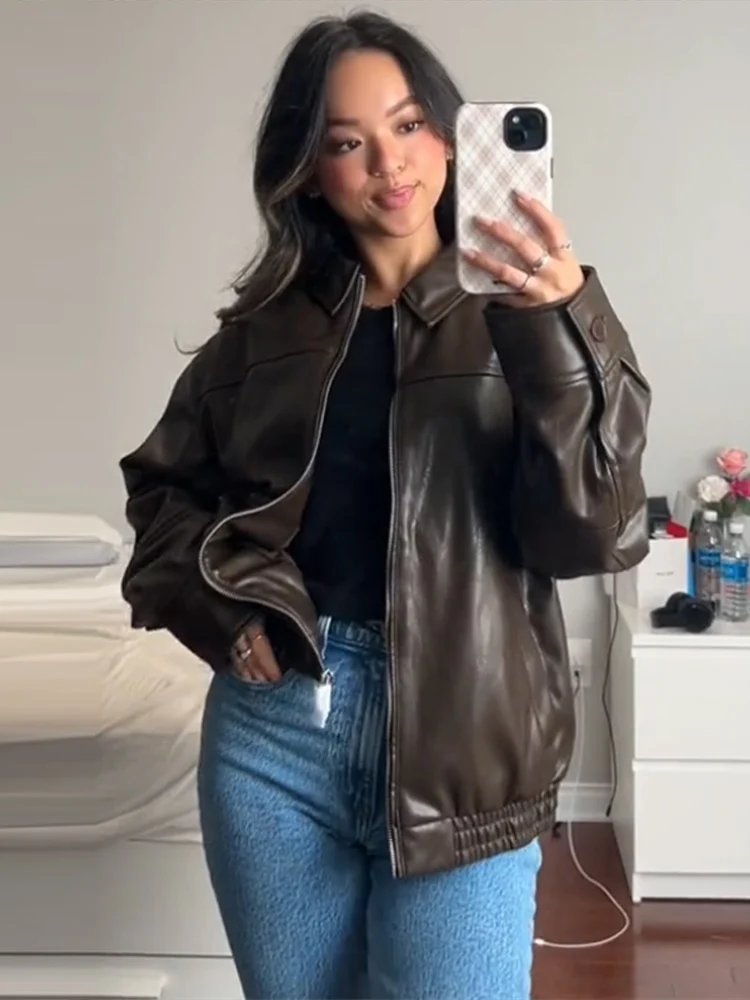 Vintage เสื้อแจ็คเก็ตหนังเสื้อแขนยาว Laple Zipper ผู้หญิงกระเป๋าเสื้อแจ็คเก็ตหญิงฤดูใบไม้ผลิแฟชั่นใหม่ Lady Streetwears