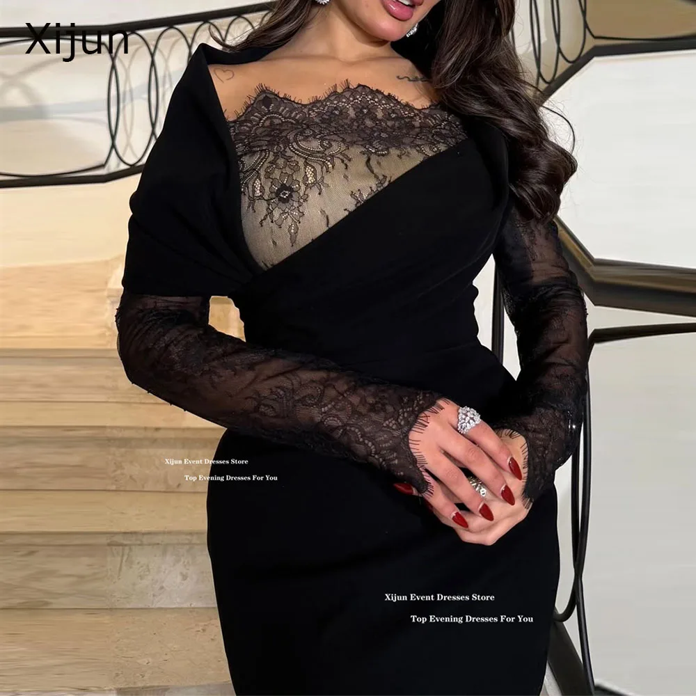 

Xijun Luxury Black Velvet Evening Dresses Lace Long Sleeves Dubai Mermaid Prom Dresses Formal Occasion Prom Gowns Customized