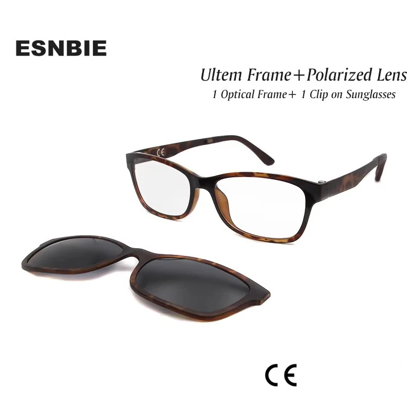 

ESNBIE New Nerd Glasses Frame Women Men with Clip On Sunglasses Polarized Sun Glasses Lens Driving Glass Ultem Spectacle Frame