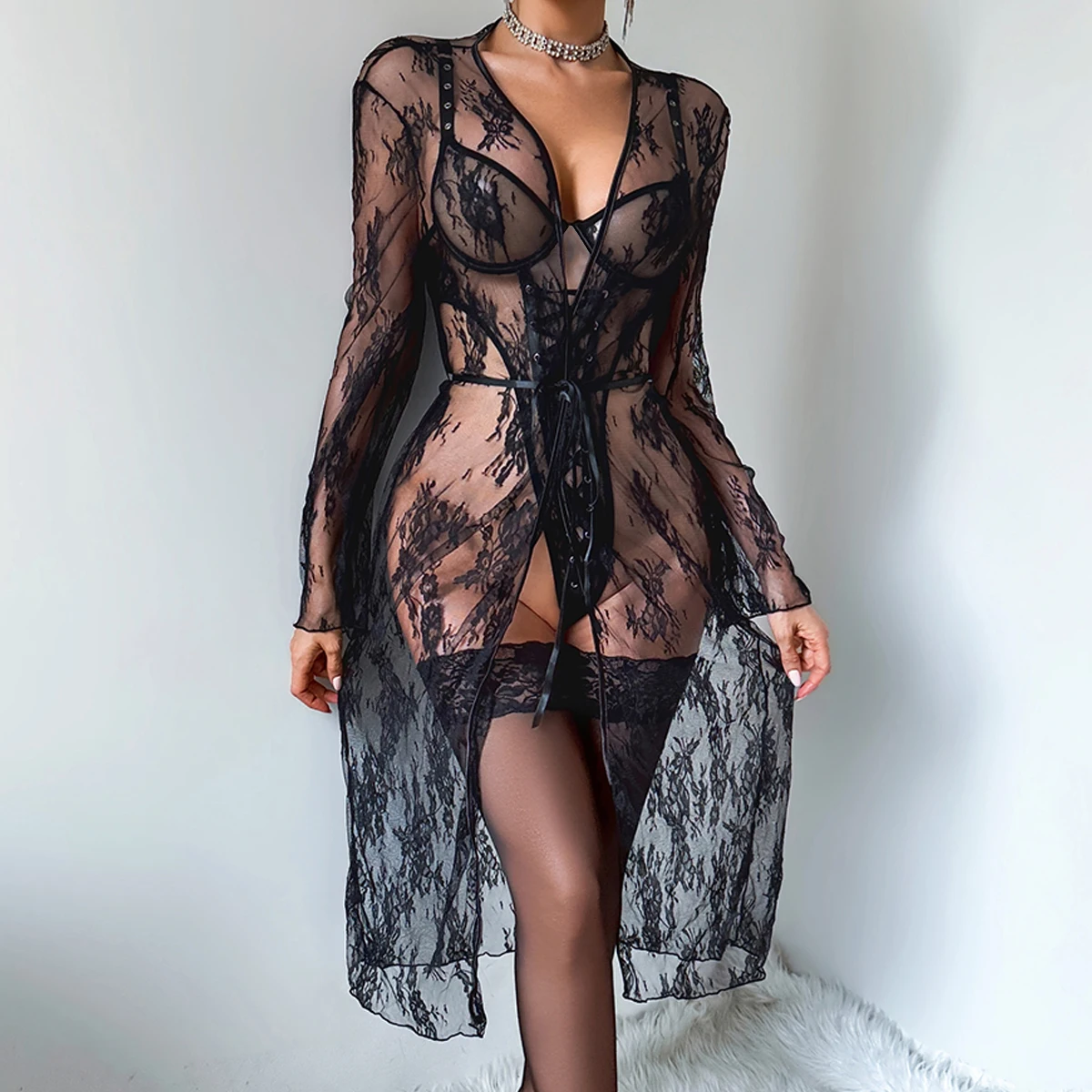 2026 Queen's Temperament Full of Lace Flower Splicing Mesh Strap Shaping Jumpsuit with Lazy See through Outer Robe view 4
