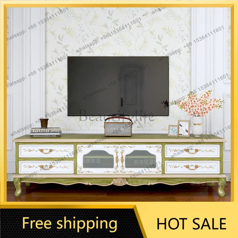Factory Direct American Country TV Cabinet Hand Painted Solid Wood Small Unit Emerald Green Bedroom Short Cabinet