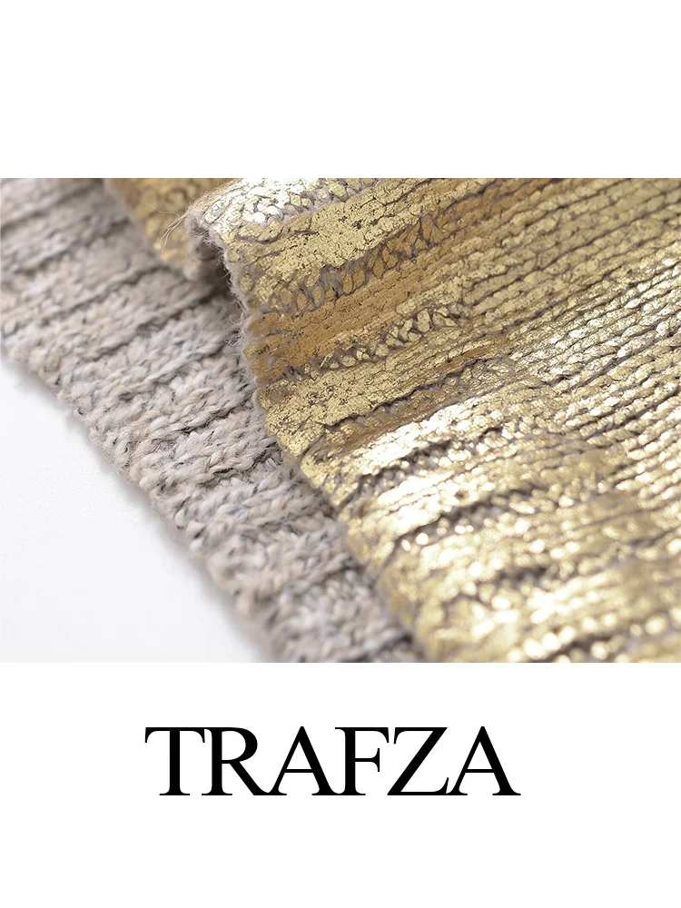 TRAFZA Summer Female Elegant Solid O-Neck Metal  Foil Short-Sleeved Knitted Sweater Women's High Street Pullover Sweater Mujer