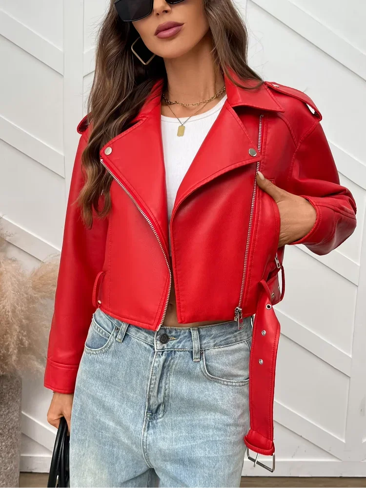 แจ็คเก็ตหนังสีแดงสไตล์วินเทจสำหรับผู้หญิง ปกเสื้อแบบปกเชิ้ต ติดเข็มขัด คอวี แขนยาว ซิป แจ็คเก็ตสั้น แฟชั่นฤดูใบไม้ผลิ/ฤดูใบไม้ร่วง ปี 2026