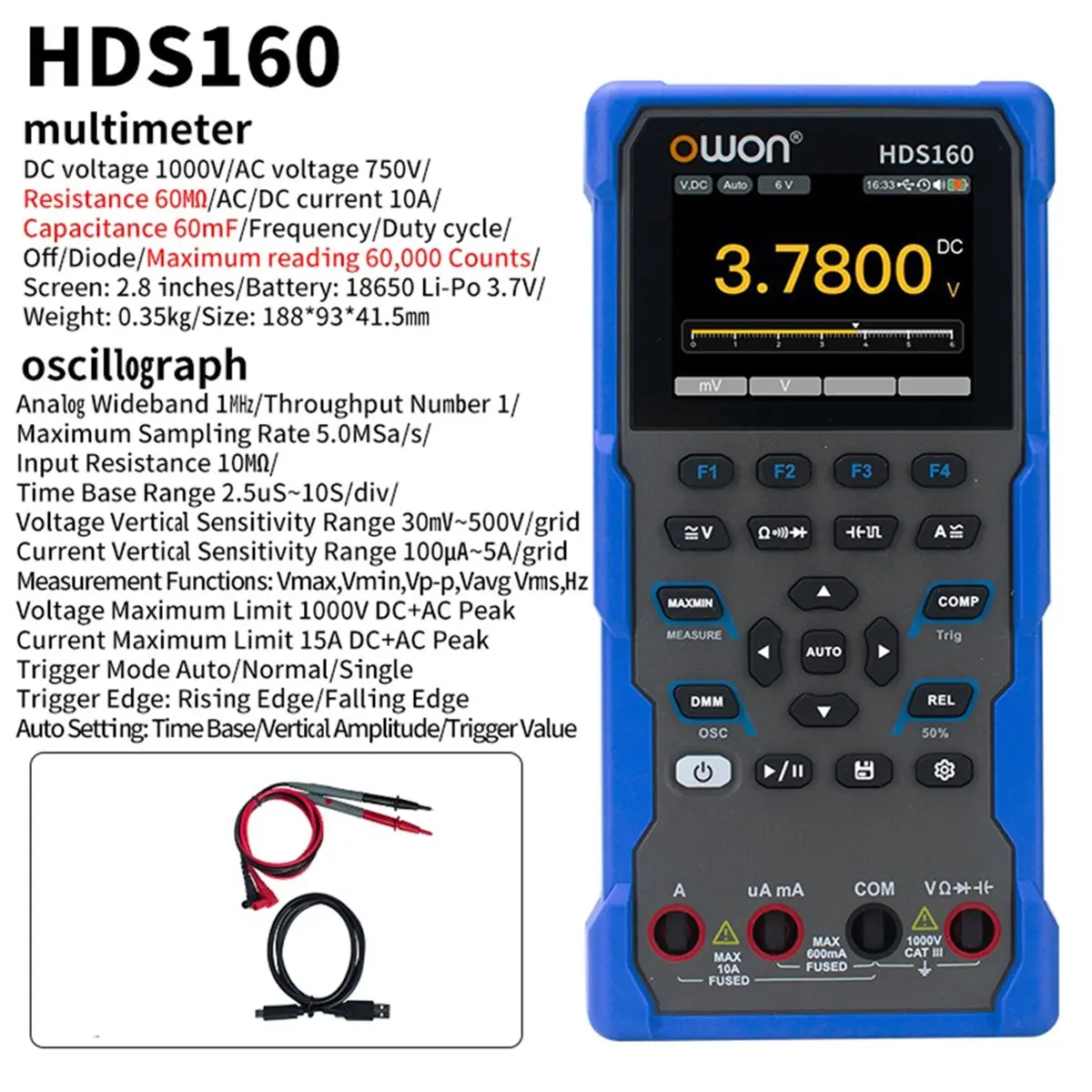 Y893A*☀▃ HDS160 Oscilloscope Multimeter,4 1/2 Digit True RMS Multimeter,1MHz Digital Oscilloscope,Voltmeter Current Measure