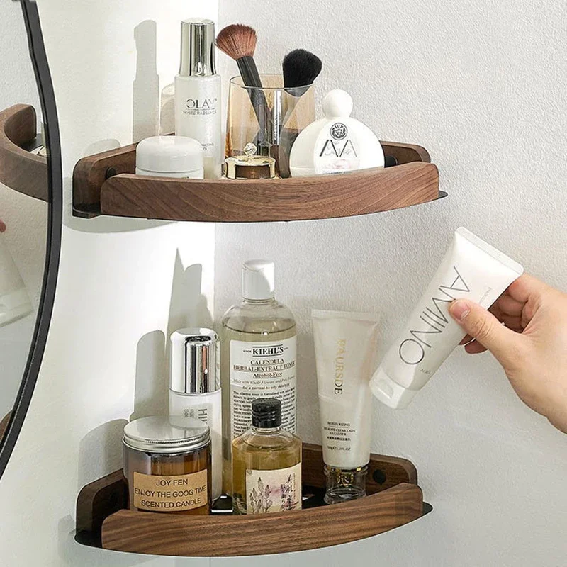 Light Luxury Wall Mounted Corner Storage Rack Beech/Walnut Wood Bathroom Shelf Storage Triangle Shelves Bathroom Accessories