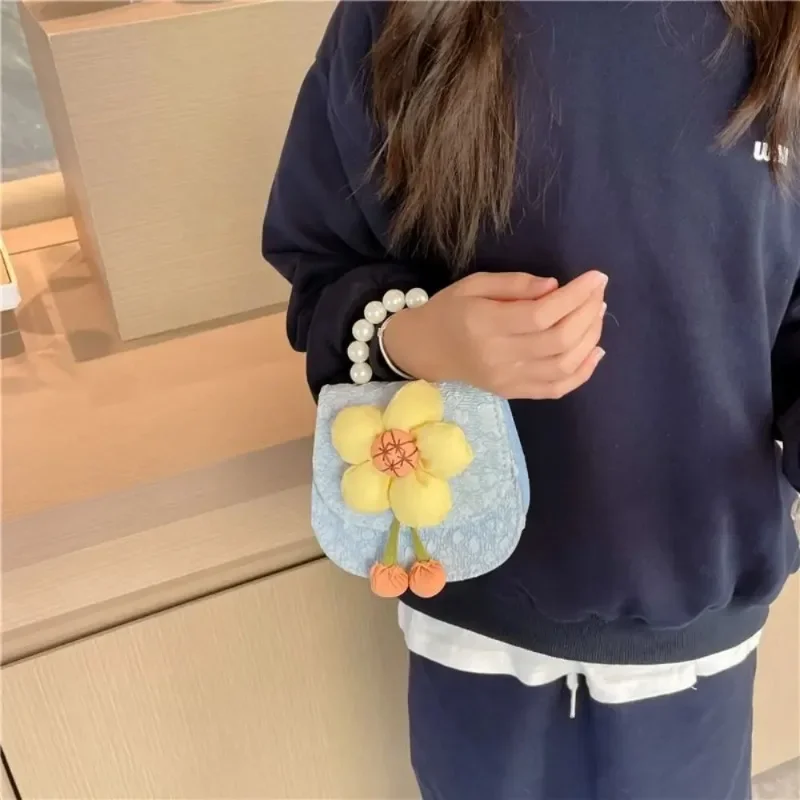 Monederos y bolsos para niños, bolso de hombro con cadena, flor de sol fresca, bolso cruzado con asa de perlas