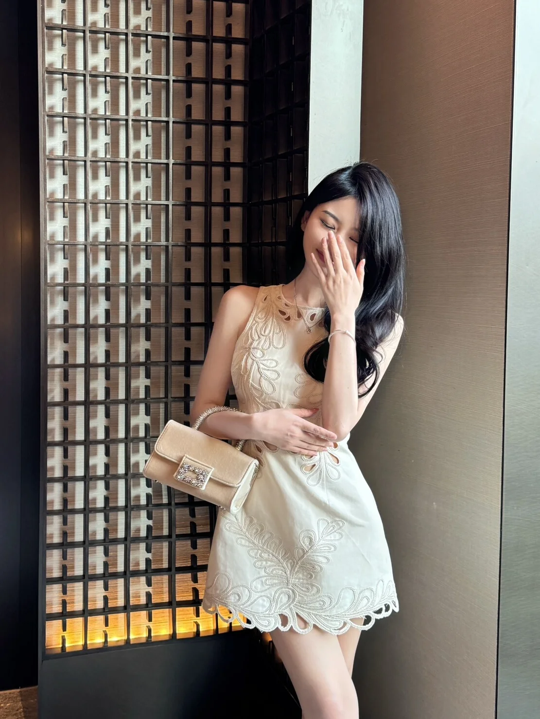 

Ele Embroidered Hollow out Heavy Work Waist Cinched Dr Beloved Miss Gold Small Fraance Quali Ladylike A-Line Skirt