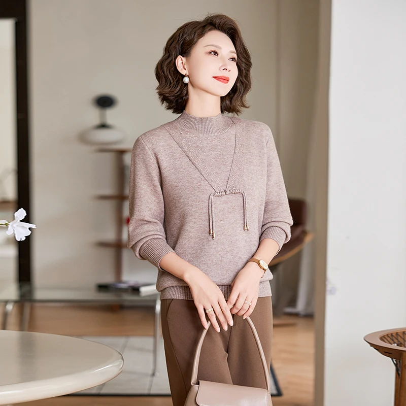 

Faionable Knitted Thin Sweater Base Layer Top for Middle-Aged Mothers Spring Clothing Lightweight Loose Fit round Ne