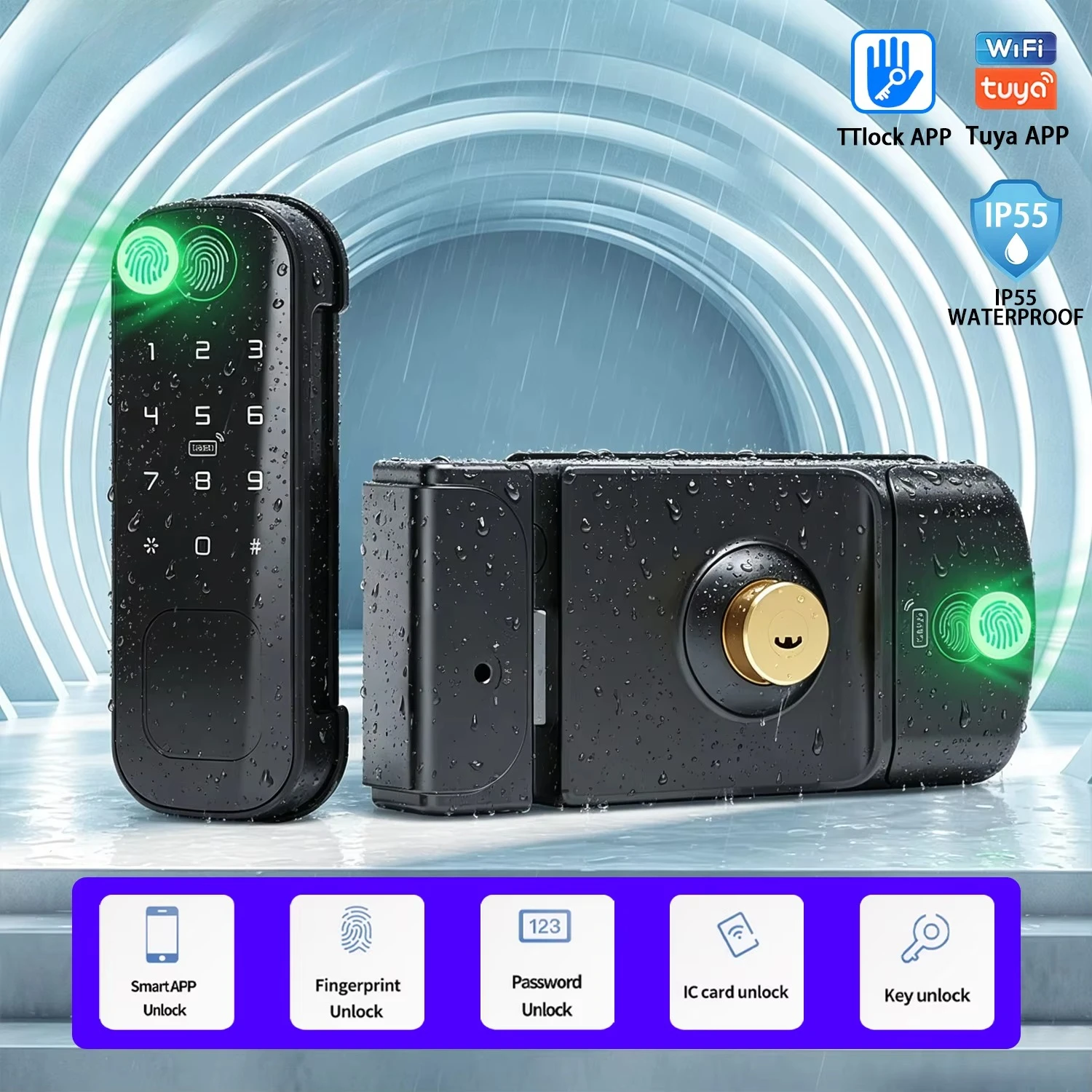 Double Sided Smart Gate Lock IP55 Waterproof Tuya WiFi TTLock BLE Fingerprint Password IC Card APP Remote Key Lock