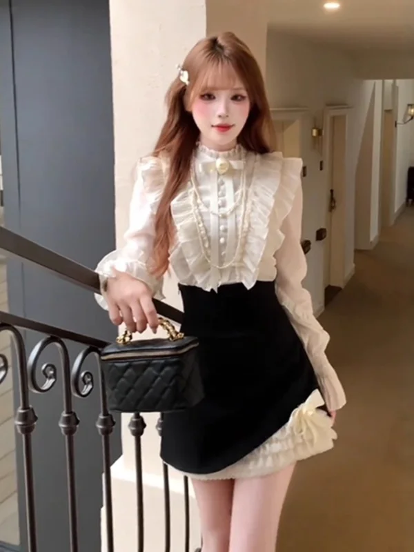 

Korean Style Shirt Skirt Set Elegant Short Sleeve Long Shirt High Waist Skirt Comfortable Fashionable Women's Outfit Autumn Wear