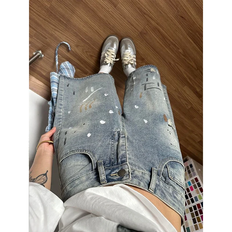 Women's Color-Block Plaid Hem Splatter Denim Capris Korean Style Yk2 High Street Wide Leg Jeans for Summer