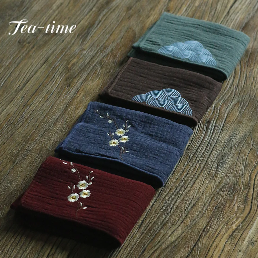 Japanese Embroidered Cotton Linen Tea Towel Boutique Heat Insulated Pad Tea Napkin Water Absorption Tea Cloth Tea Ceremony Craft