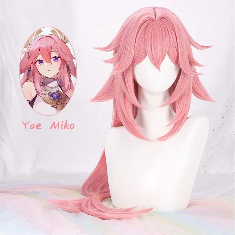 A Genshin Impact Yae Miko Cosplay Wig Halloween Simulation Scalp Pink Long Heat Resistant Synthetic Wigs Free Wig Cap