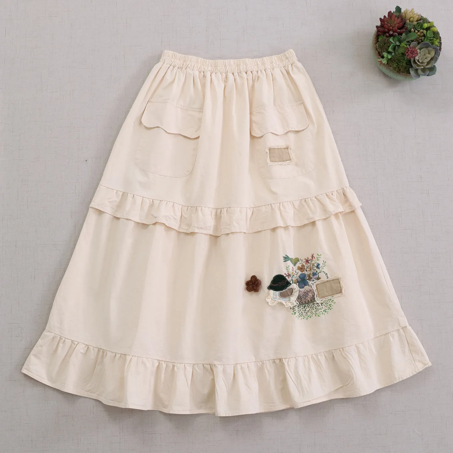 Japanese Sweet Mori Girl Cartoon Embroidery Cotton Fairy Skirts Women Autumn Elastic Waist Casual Loose Ruffled A-Line Skirts