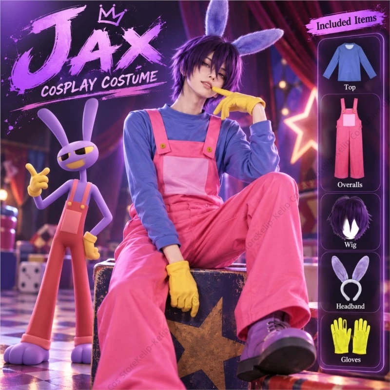 Jax Purple Rabbit Cosplay Costume Set Pink Bib Overalls Blue Shirt Purple Wig Bunny Ears Yellow Gloves Halloween Carnival - view 2