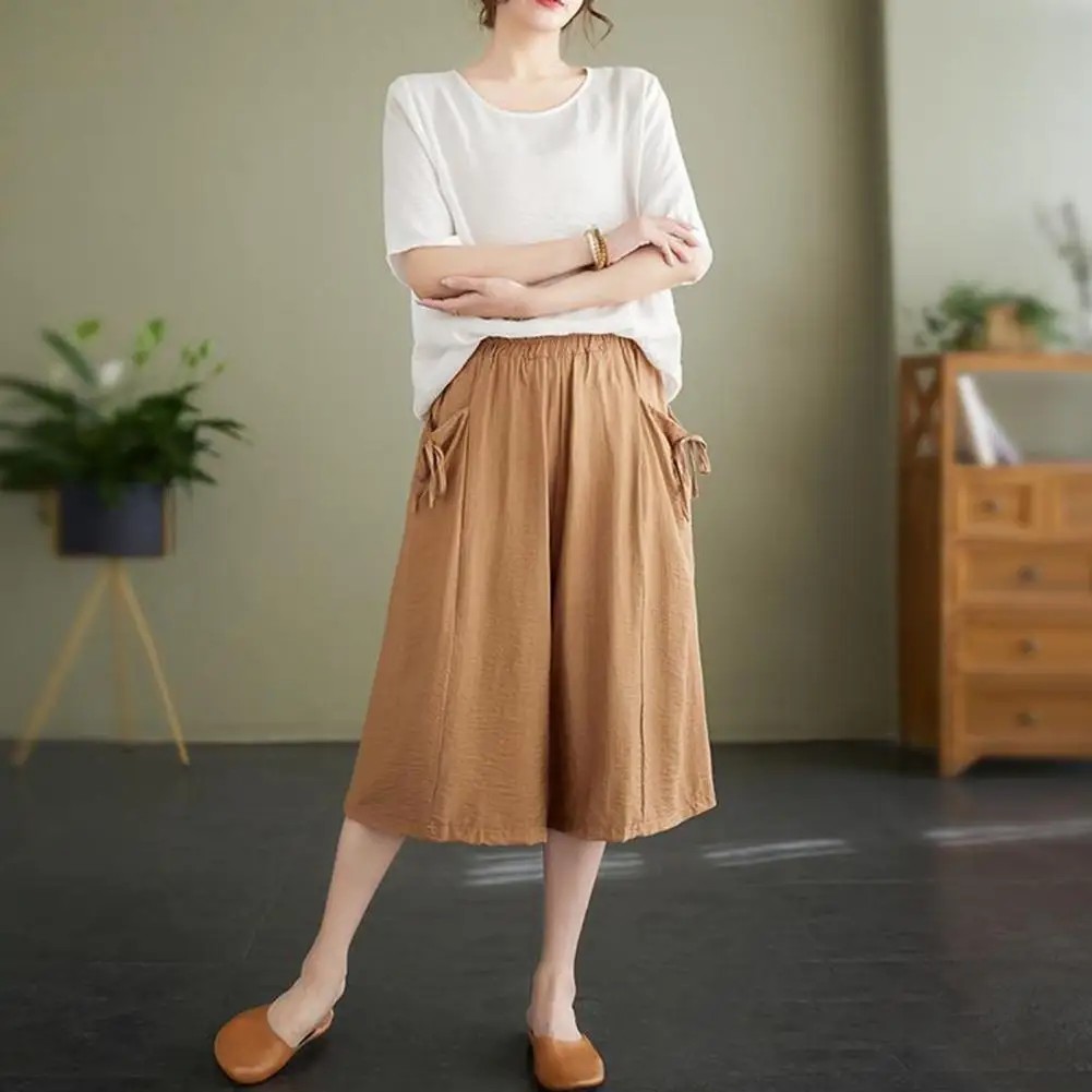 

Solid Color Casual Pants Stylish Women's Summer Cropped Pants with Elastic Waist Pockets Casual Wide Leg Trousers in Solid for A