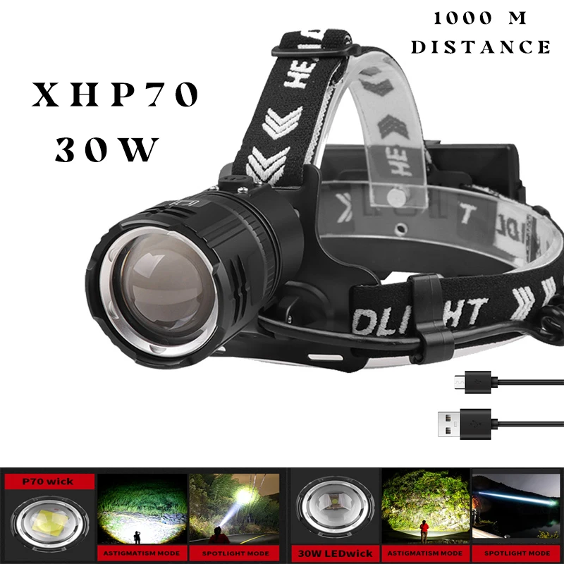 

30W High Power XHP70 Headlamp 18650 Battery USB Rechargeable Camping Lantern Zoomable Flashlight 1000m Long Range LED HeadLight