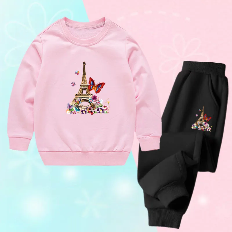 Mädchen-Outfit, bestehend aus zwei Teilen: Sweatshirt mit Rundhalsausschnitt und Jogginghose mit Eiffelturm-, Schmetterlings- und Blumenmuster, Freizeitkleidungsset für Kinder.